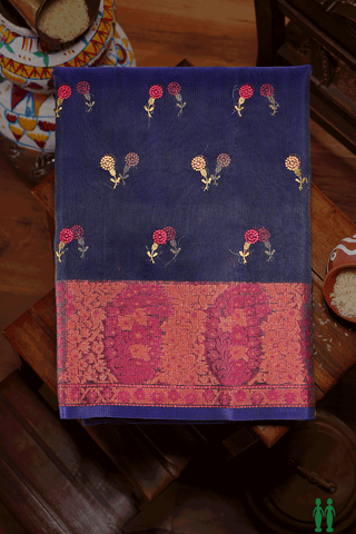 Floral Embroidered Buttas Navy Blue Kota Cotton Saree