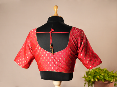 Floral Buttas Red Semi Banaras Silk Readymade Blouse