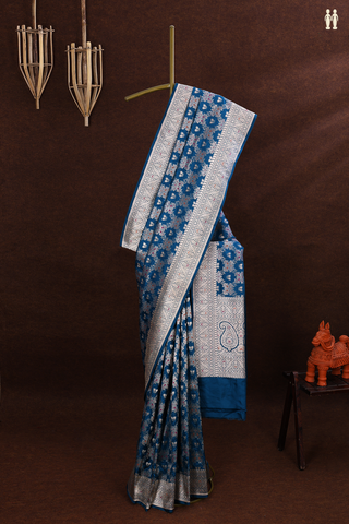 Banarasi Silk Saree In Teal Blue With Floral Design