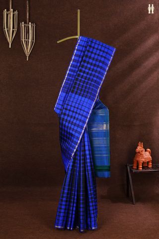 Kanchipuram Silk Saree In Blue And Black With Checks