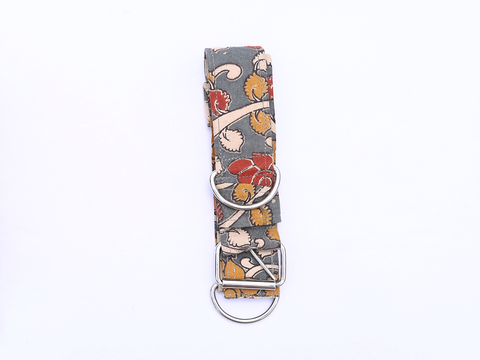 Stone Grey Kalamkari Cotton Dog Collar With Rope Set