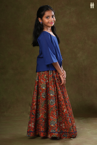 Floral Design Blue And Orange Jaipur Cotton Top And Skirt Set