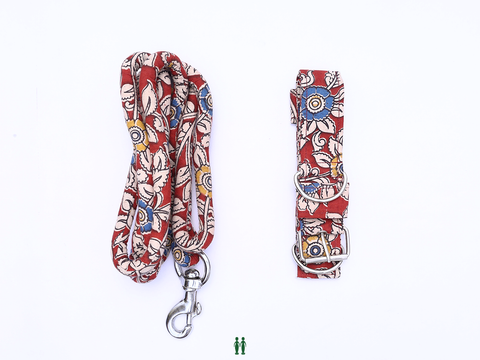 Cherry Red Kalamkari Cotton Dog Collar With Rope Set