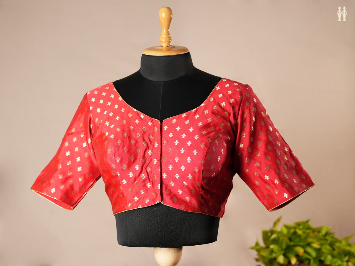 Floral Buttas Red Semi Banaras Silk Readymade Blouse