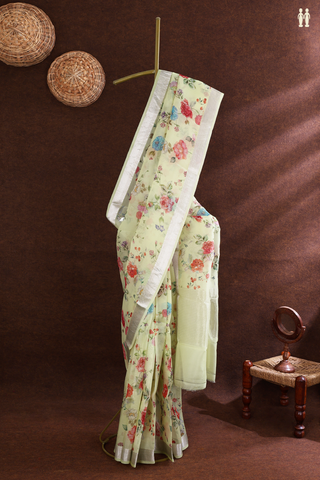 Floral Digital Printed Pale Yellow Organza Silk Saree