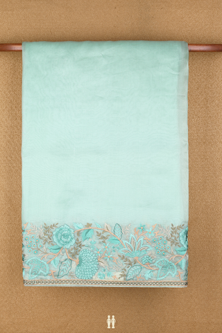 Organza Silk Saree In Mint Green With Embroidered Border