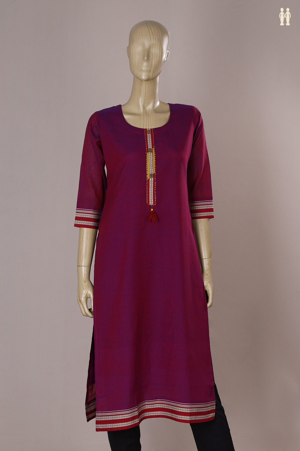 Round Neck Plain Purple Cotton Long Kurta