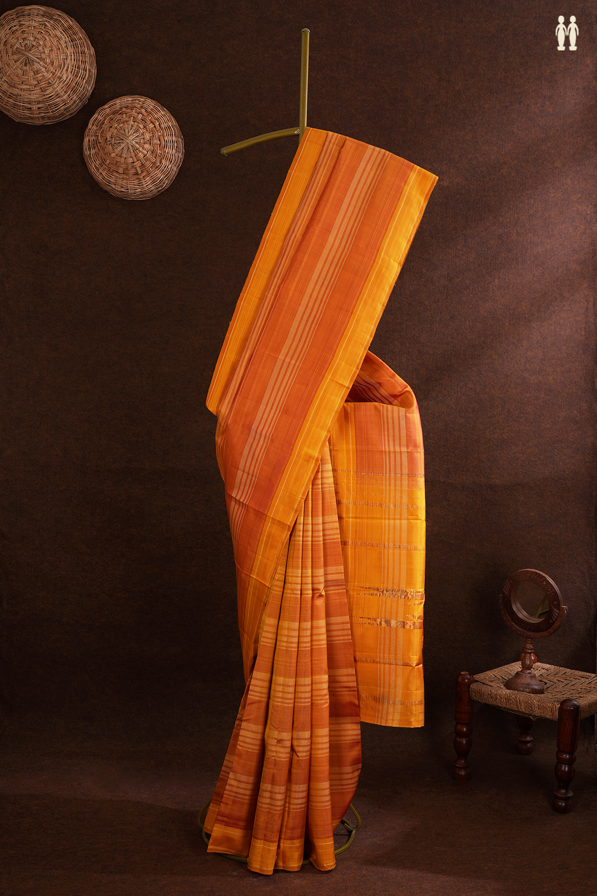 Kanchipuram Silk Saree In Ochre Orange With Stripes Design