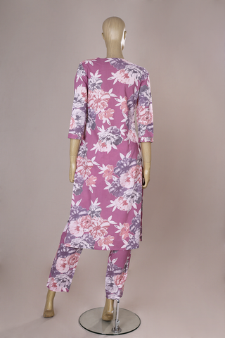 V-Split Neck Floral Design Purple Printed Cotton Salwar Set