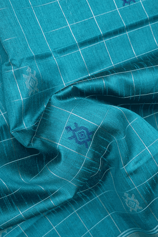 Allover Checks With Buttas Teal Blue Semi Jute Saree