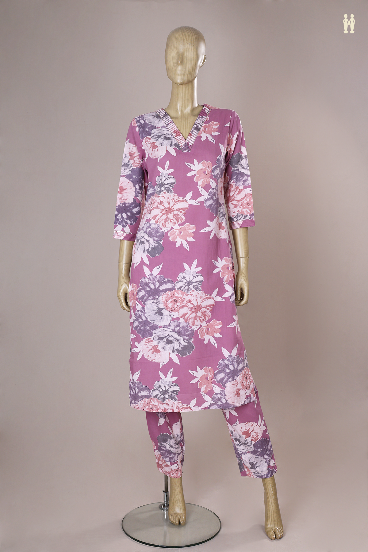 V-Split Neck Floral Design Purple Printed Cotton Salwar Set