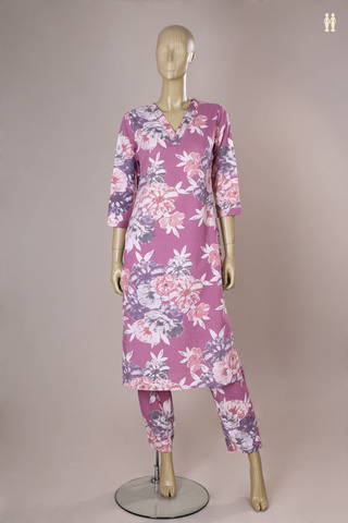 V-Split Neck Floral Design Purple Printed Cotton Salwar Set