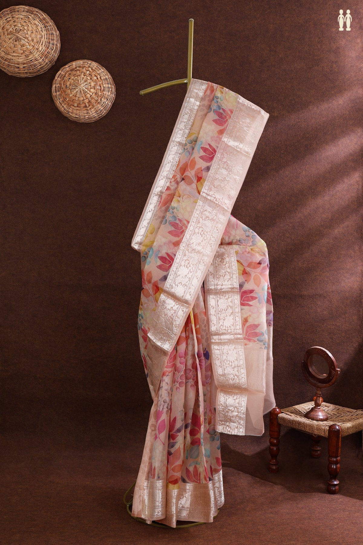 Leaf Digital Printed Cream Pink Organza Silk Saree