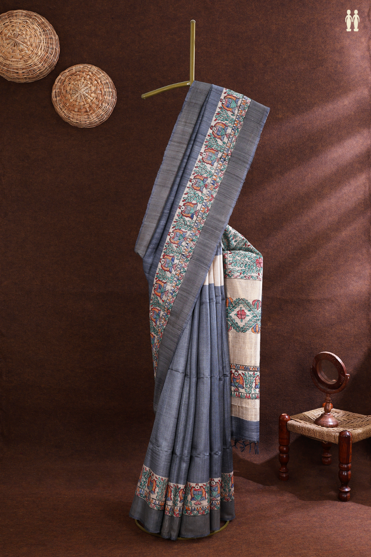 Tussar Silk Saree In Pigeon Grey With Madhubani Border