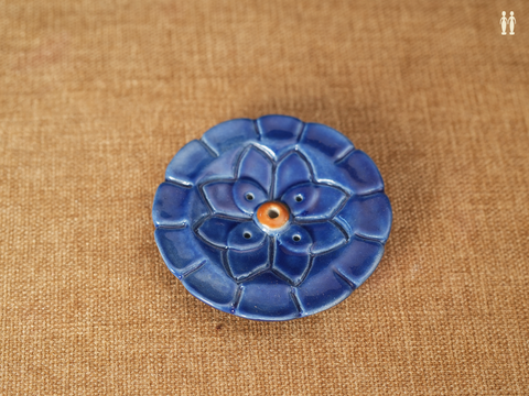 Floral Design Blue Ceramic Incense Holder