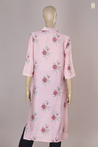 Chinese Neck Floral Design Pastel Pink Rayon Cotton Long Kurta