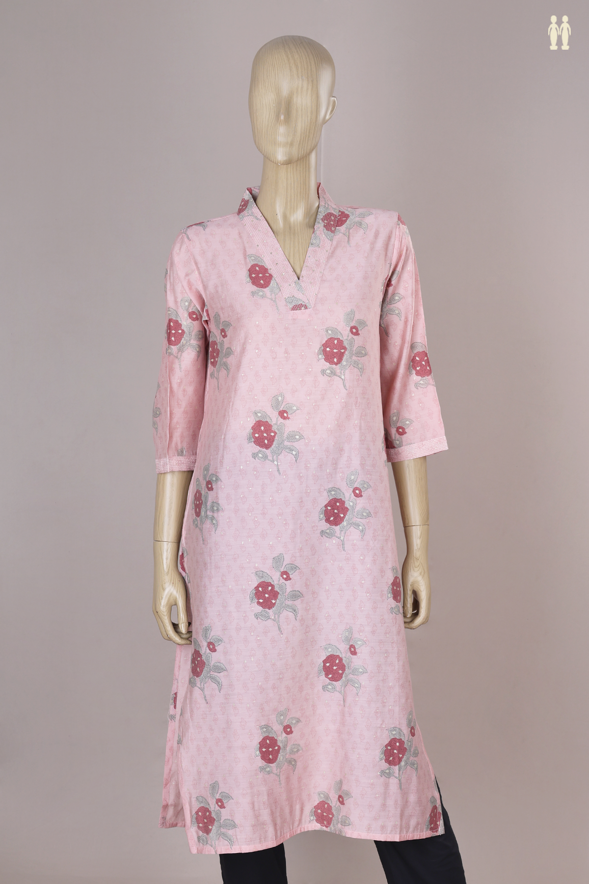 Chinese Neck Floral Design Pastel Pink Rayon Cotton Long Kurta