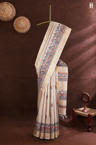 Tussar Silk Saree In Beige With Madhubani Printed Border