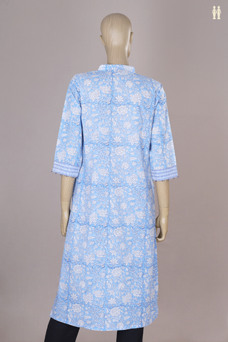 Chinese Neck Floral Design Light Blue Jaipur Long Kurta