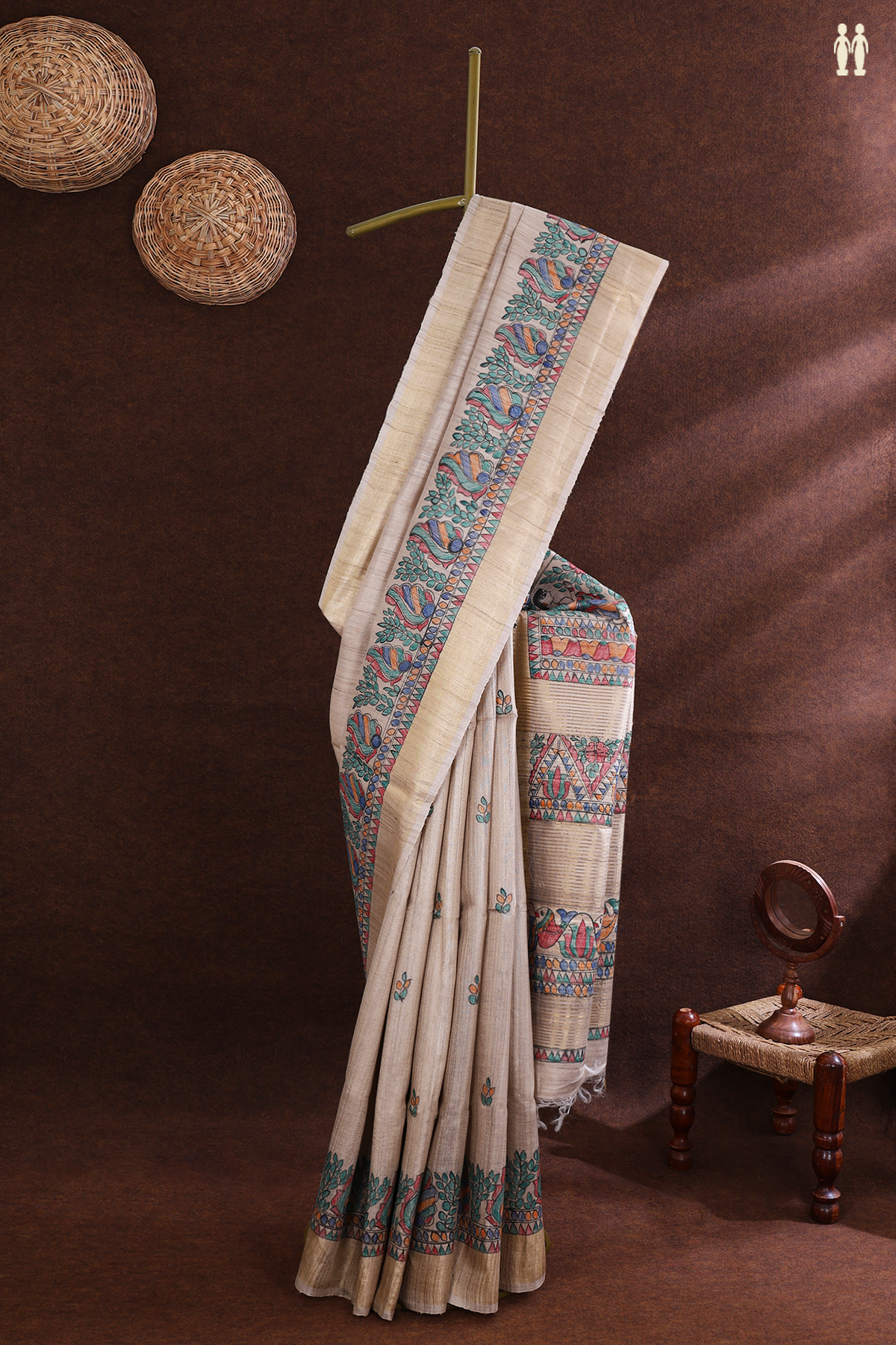 Tussar Madhubani Silk Saree In Beige With Floral Buttas