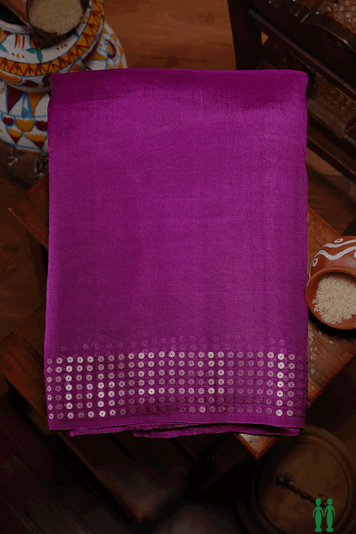 Chamki Work Border Plain Grape Purple Tussar Silk Saree