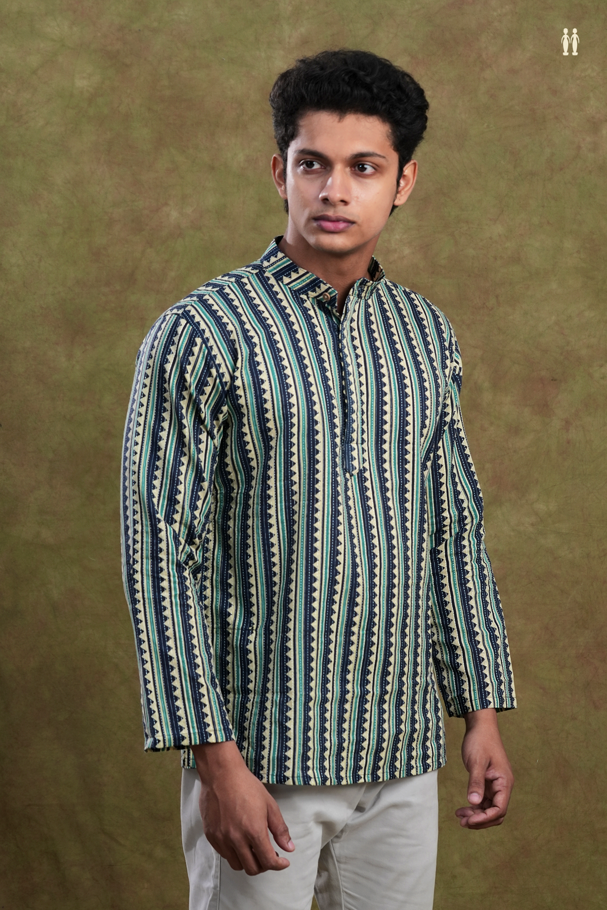 Chinese Collar Stripes Design Multicolor Cotton Short Kurta