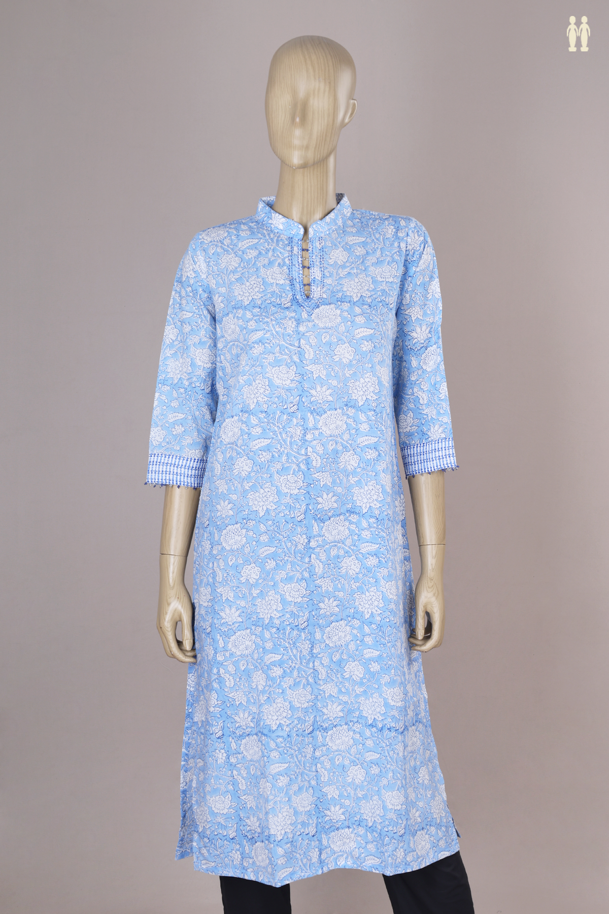 Chinese Neck Floral Design Light Blue Jaipur Long Kurta