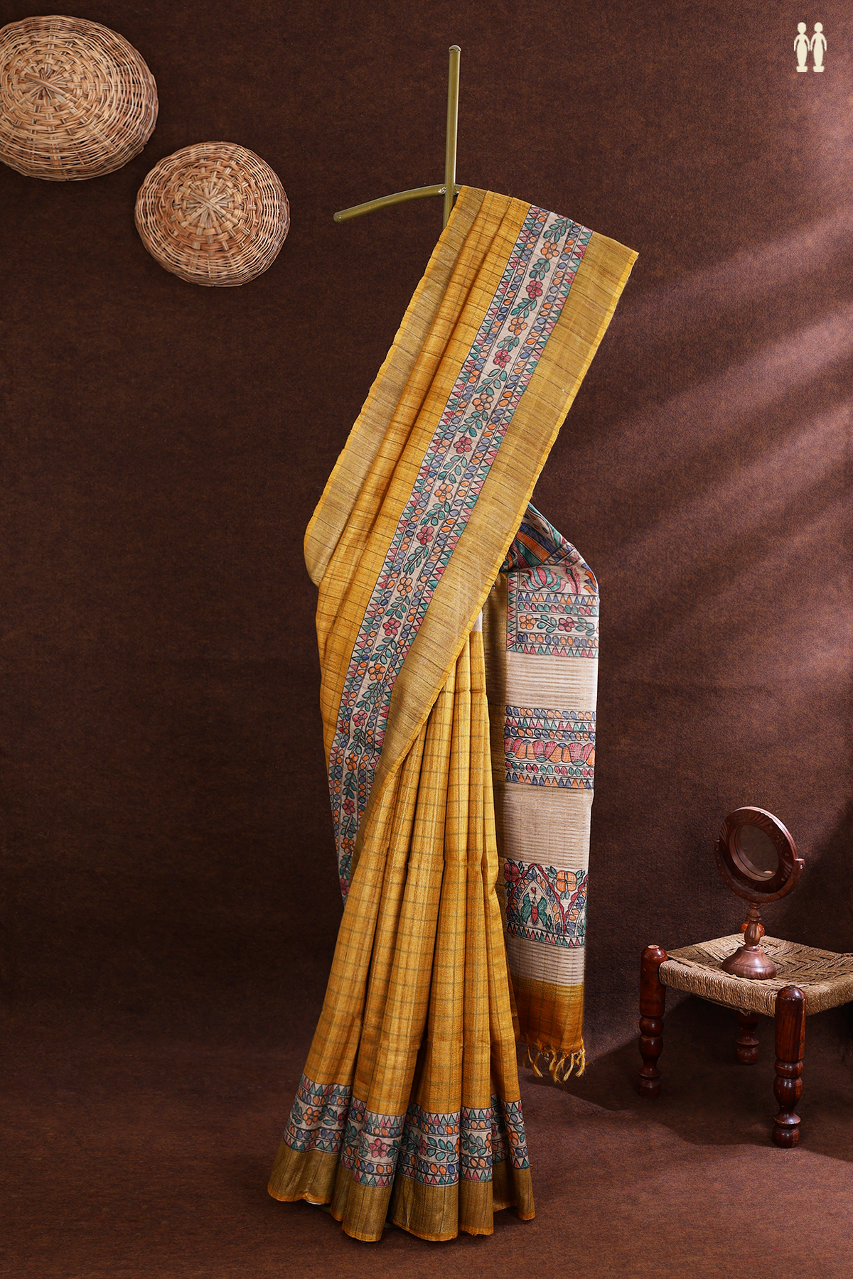 Tussar Silk Saree In Yellow With Madhubani Border