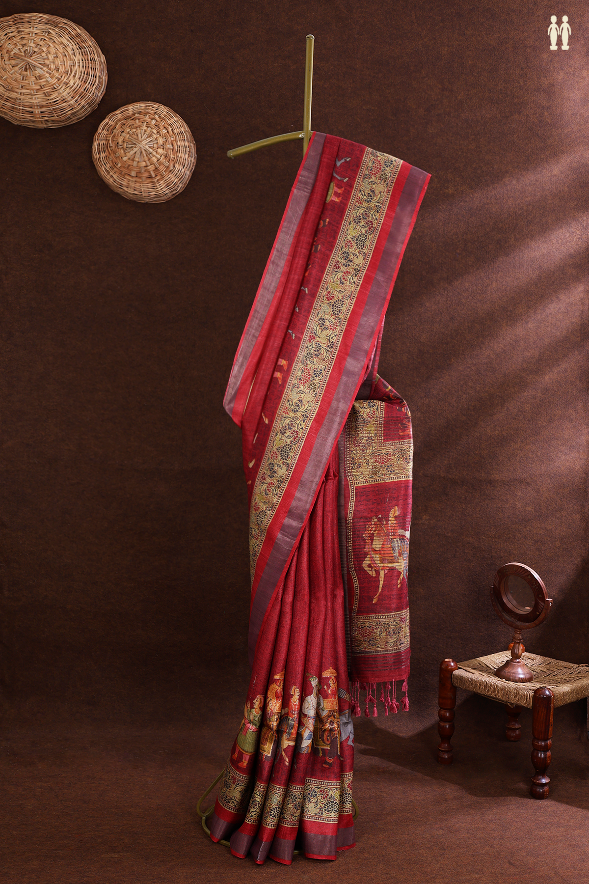 Tussar Silk Saree In Ruby Red With Human Figure Border