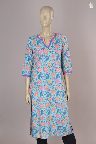 Split Neck Floral Design Sea Blue Jaipur Cotton Long Kurta