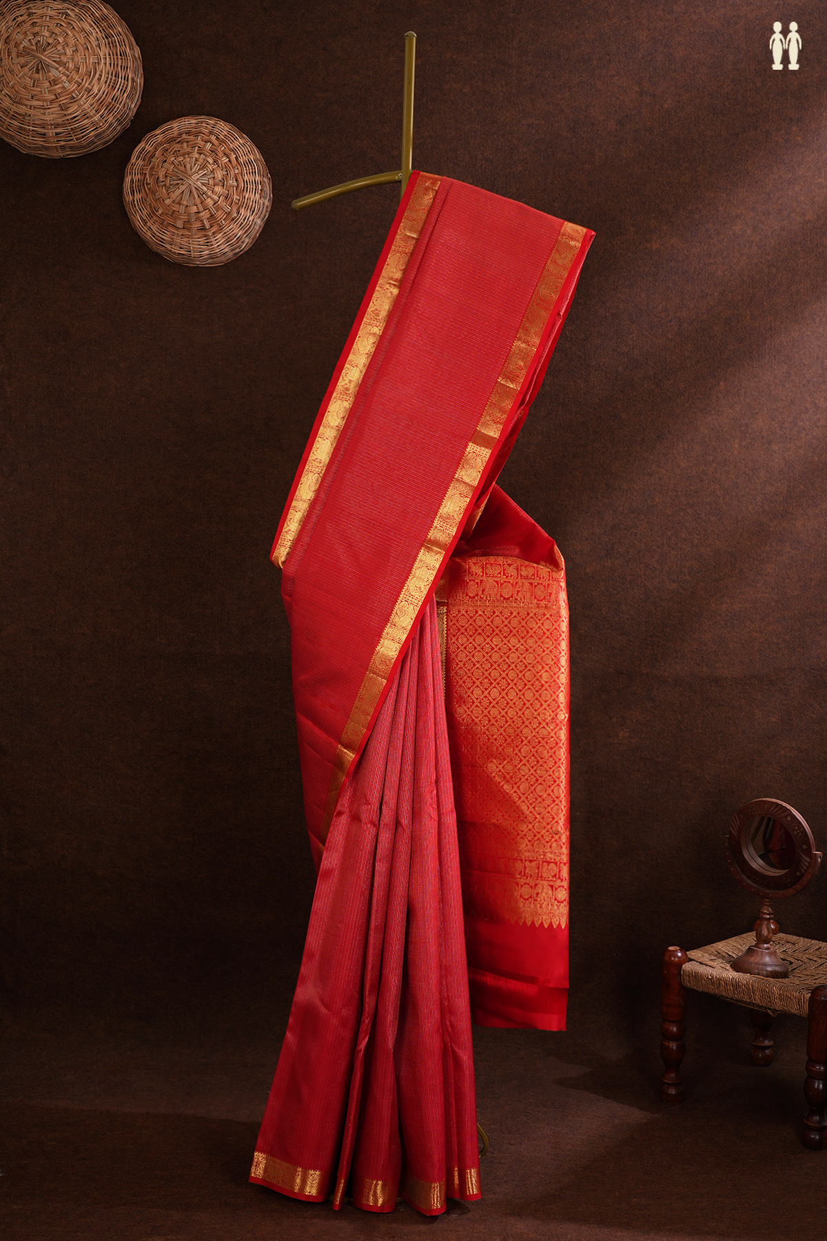 Kanchipuram Silk Saree In Chilli Red With Zari Stripe Design