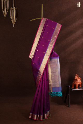 Kanchipuram Silk Saree In Purple With Peacock Chakram Buttis