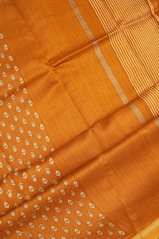 Floral Printed Buttis Ochre Orange Chanderi Cotton Saree