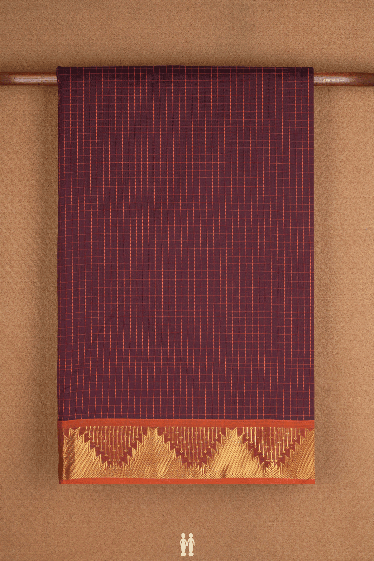 Threadwork Checks Design Plum Brown Silk Cotton Saree