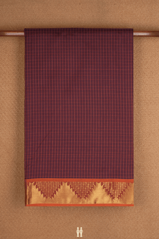 Threadwork Checks Design Plum Brown Silk Cotton Saree