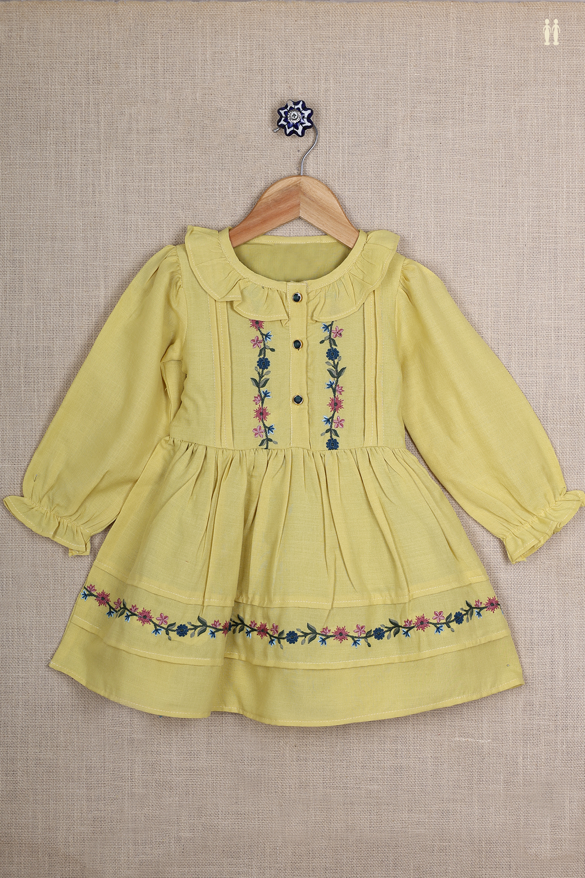 Round Neck Floral Design Yellow Semi Linen Frock