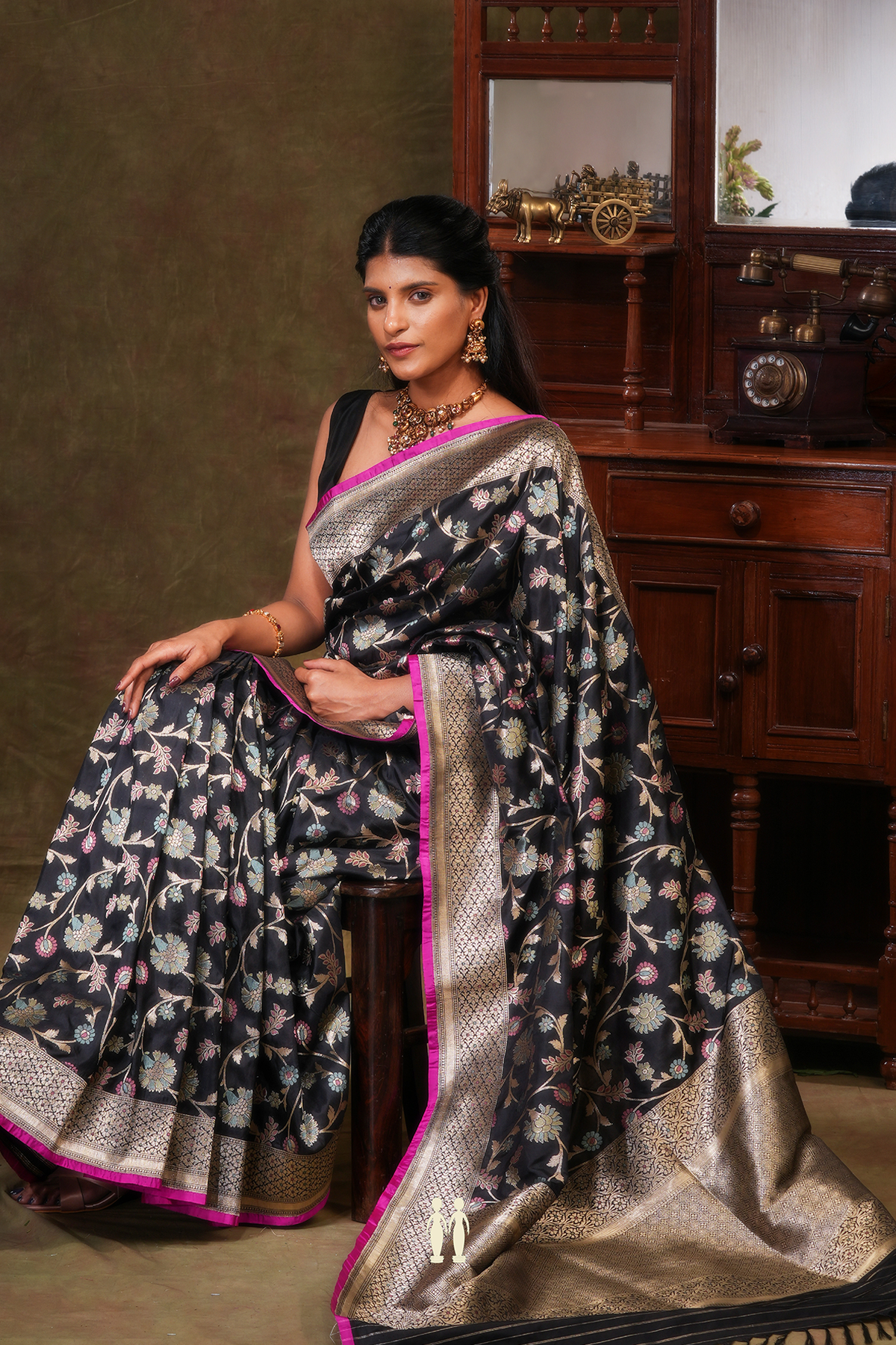 Banarasi Silk Saree In Black With Floral Design