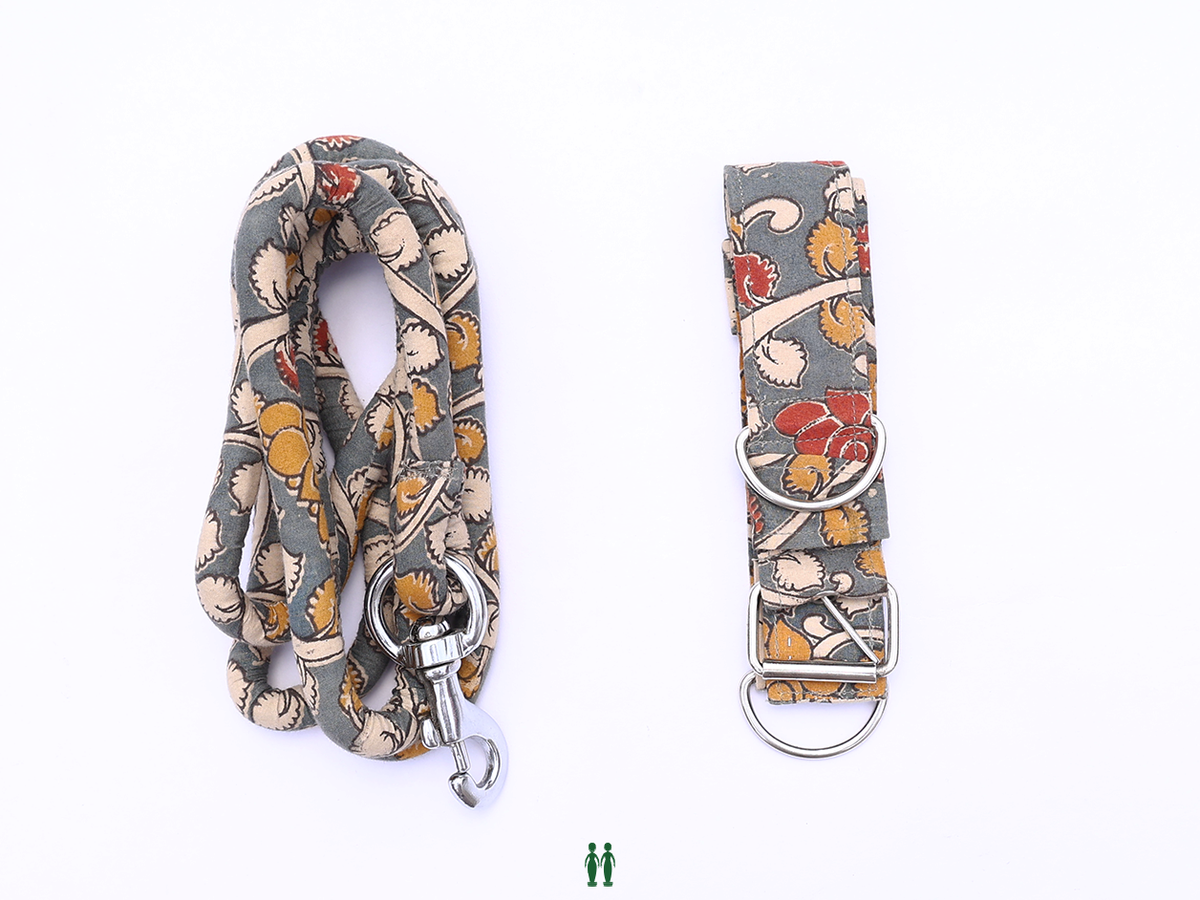 Stone Grey Kalamkari Cotton Dog Collar With Rope Set