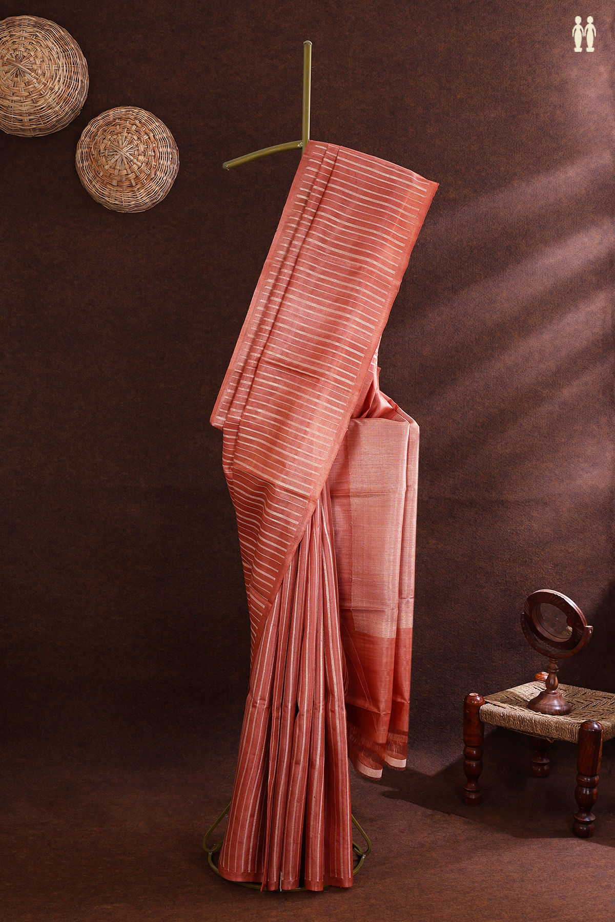 Tussar Silk Saree In Dusty Orange With Stripes Design