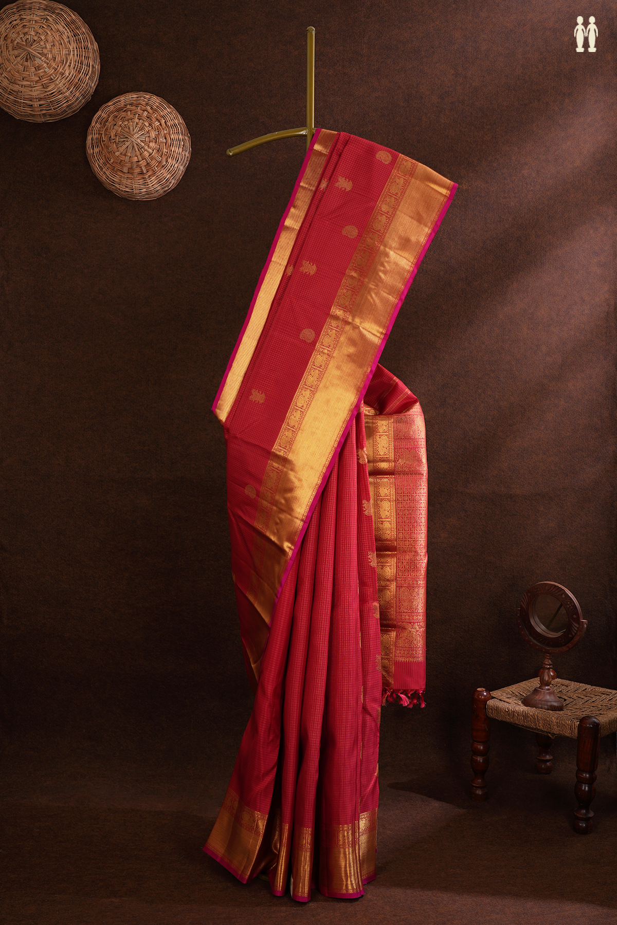 Kanchipuram Silk Saree In Red Along Checks With Buttas