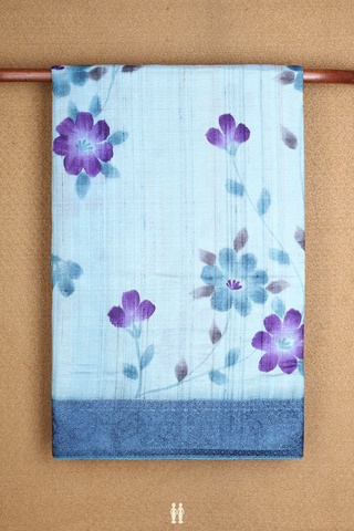 Floral Digital Printed Cream Blue Tussar Silk Saree