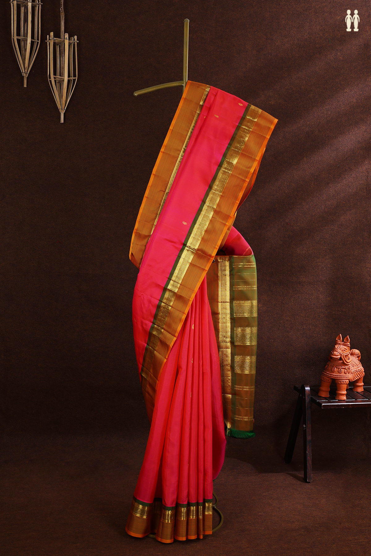 Kanchipuram Silk Saree In Coral Pink With Paisley Buttis