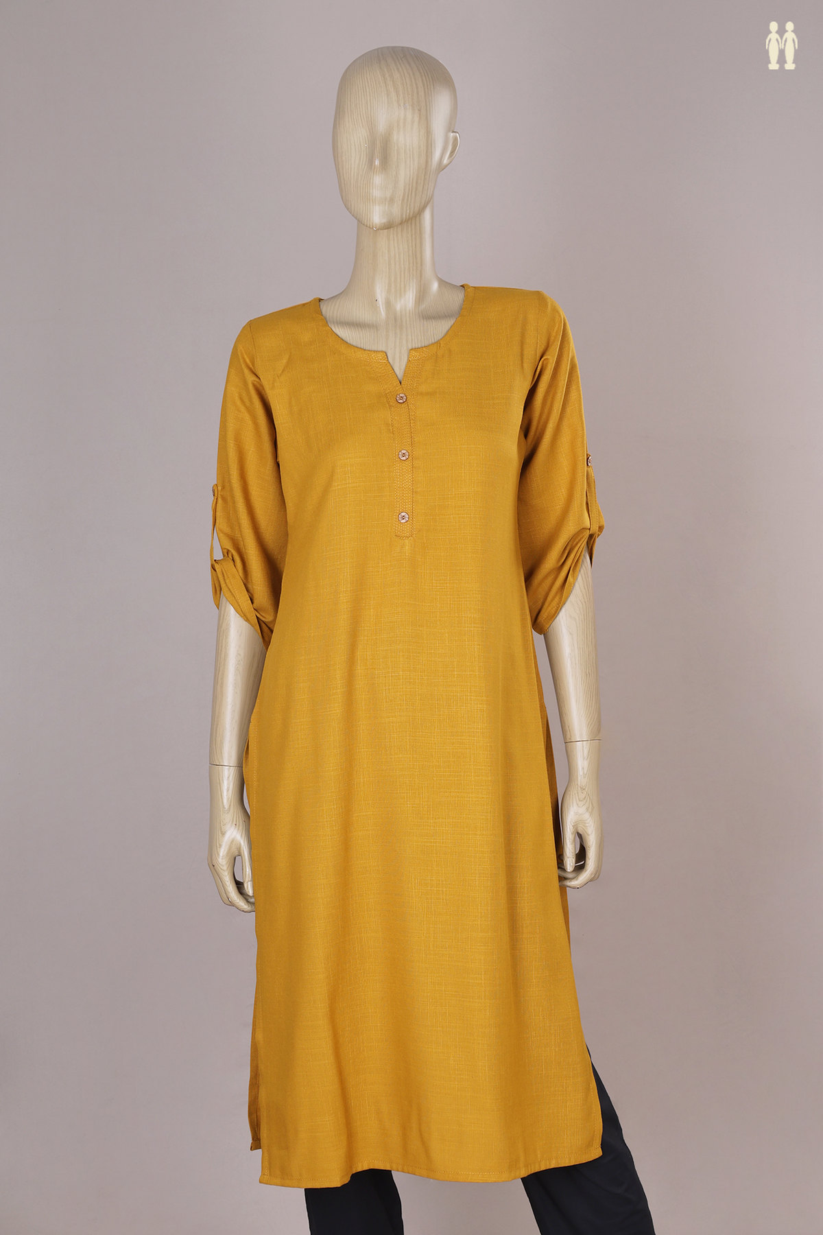 Split Neck Plain Golden Yellow Rayon Cotton Long Kurta