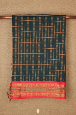 Silk Cotton Saree In Dark Green Along Checks With Buttas