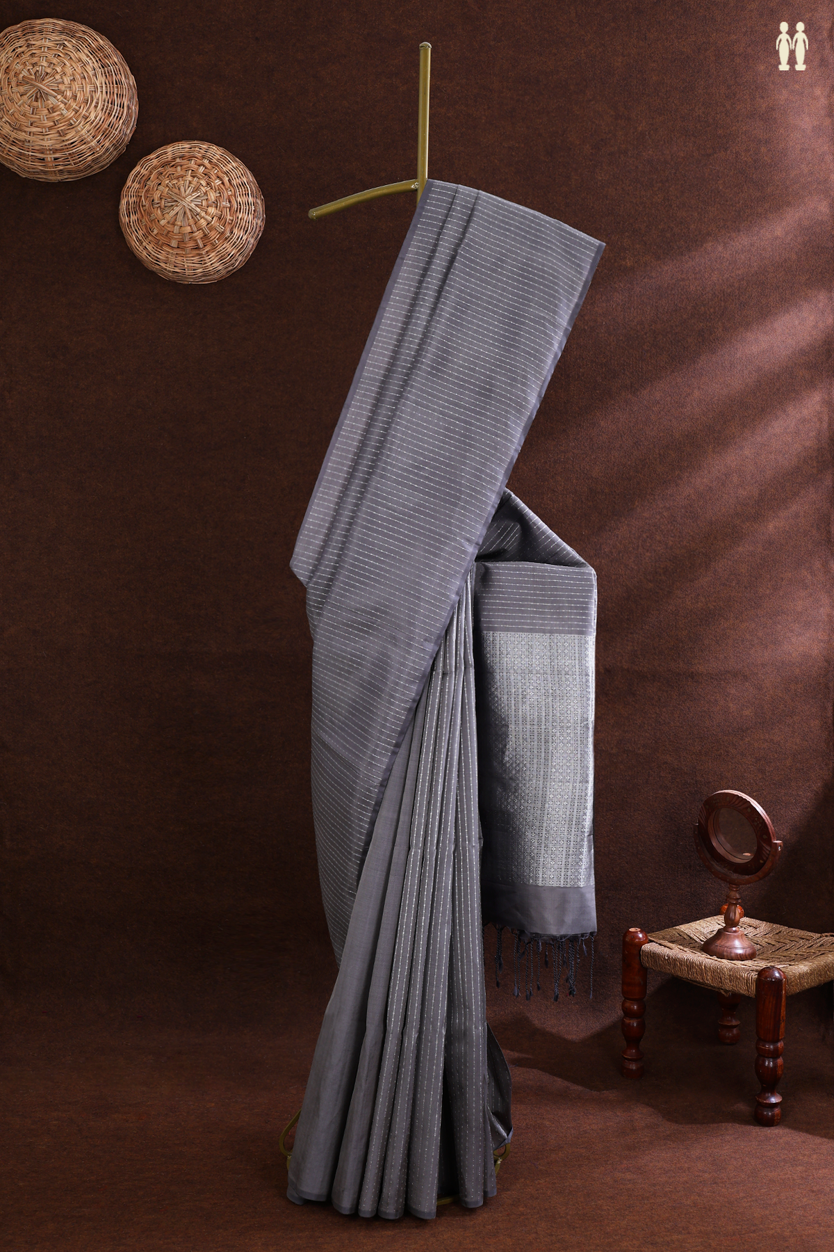 Zari Stripes Design Steel Grey Raw Silk Saree