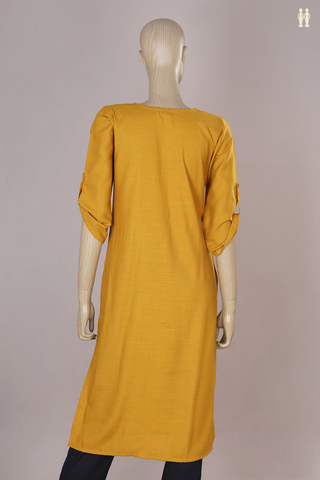 Split Neck Plain Golden Yellow Rayon Cotton Long Kurta