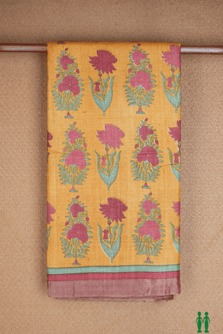 Floral Printed Design Mustard Yellow Tussar Silk Saree