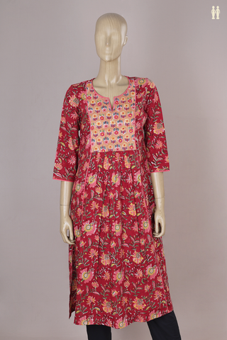 Split Neck Floral Design Ruby Red Jaipur Cotton Long Kurta