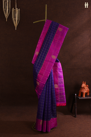 Kanchipuram Silk Saree In Royal Purple With Zari Checked