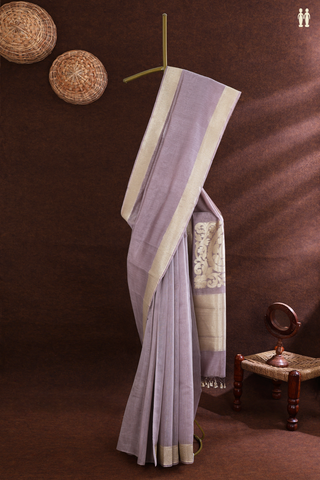 Chanderi Silk Cotton Saree In Grey Purple With Thread Border